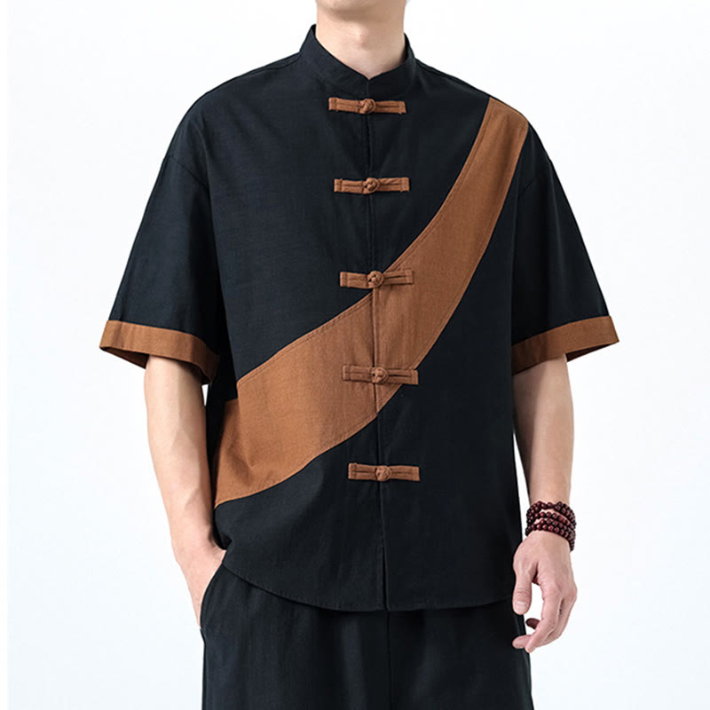 Chemise homme en coton et lin à manches mi-longues et motif grenouille chinoise contrasté avec Buddha Stones
