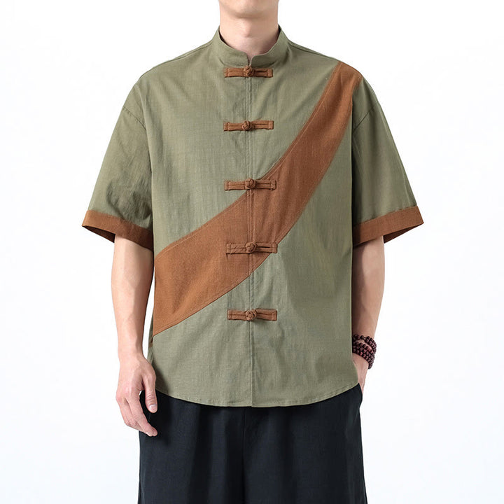 Chemise homme en coton et lin à manches mi-longues et motif grenouille chinoise contrasté avec Buddha Stones