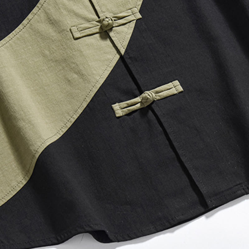 Chemise homme en coton et lin à manches mi-longues et motif grenouille chinoise contrasté avec Buddha Stones