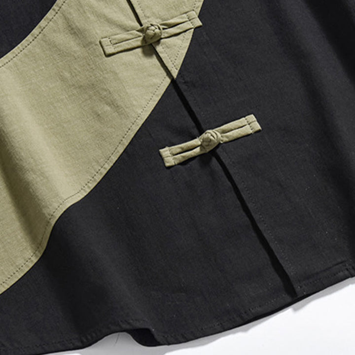 Chemise homme en coton et lin à manches mi-longues et motif grenouille chinoise contrasté avec Buddha Stones