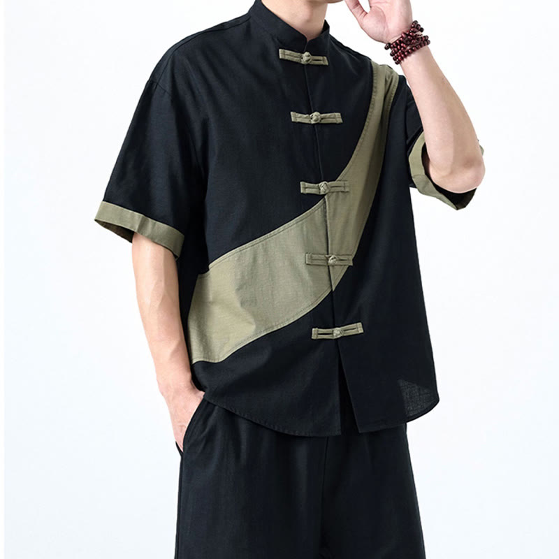 Chemise homme en coton et lin à manches mi-longues et motif grenouille chinoise contrasté avec Buddha Stones