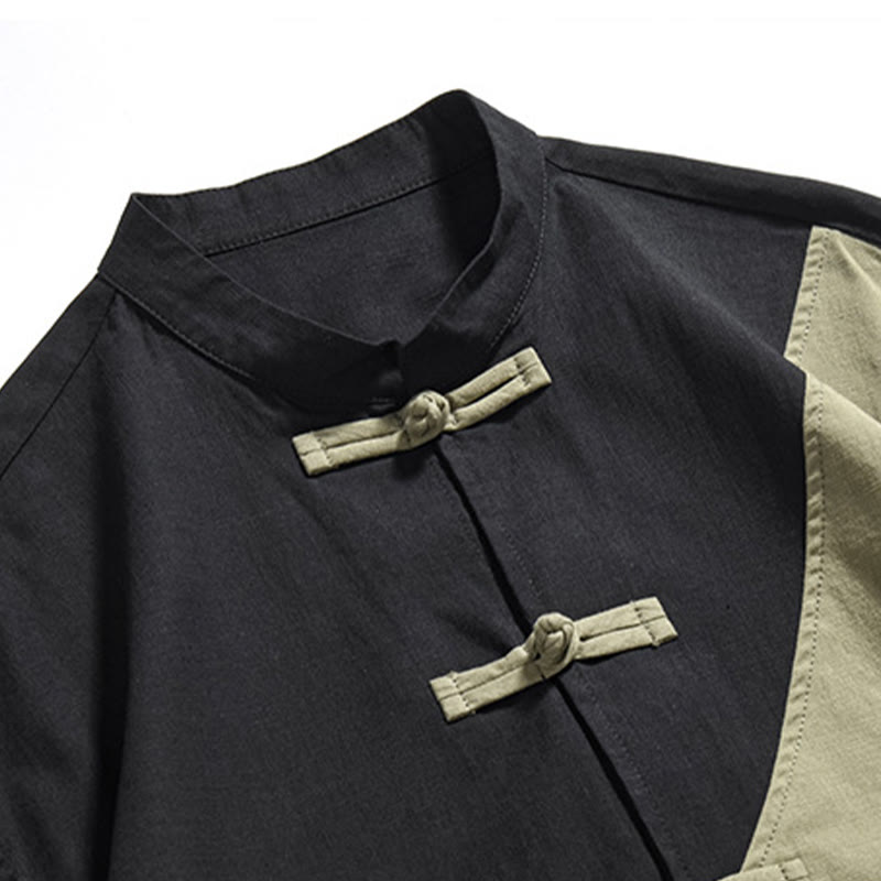 Chemise homme en coton et lin à manches mi-longues et motif grenouille chinoise contrasté avec Buddha Stones