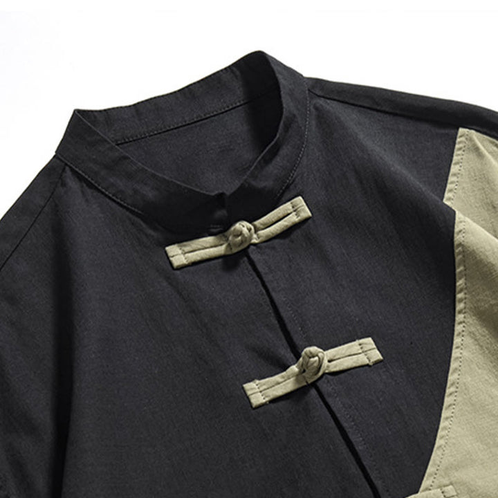 Chemise homme en coton et lin à manches mi-longues et motif grenouille chinoise contrasté avec Buddha Stones