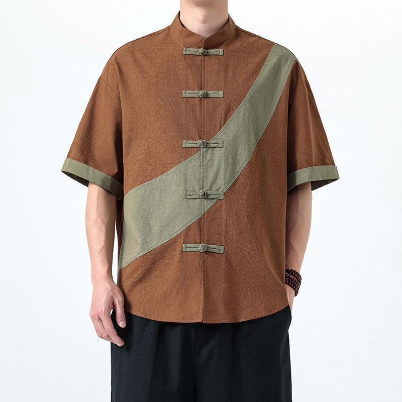 Chemise homme en coton et lin à manches mi-longues et motif grenouille chinoise contrasté avec Buddha Stones