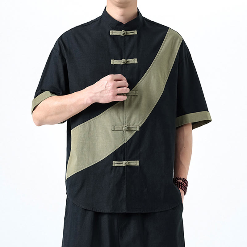 Chemise homme en coton et lin à manches mi-longues et motif grenouille chinoise contrasté avec Buddha Stones