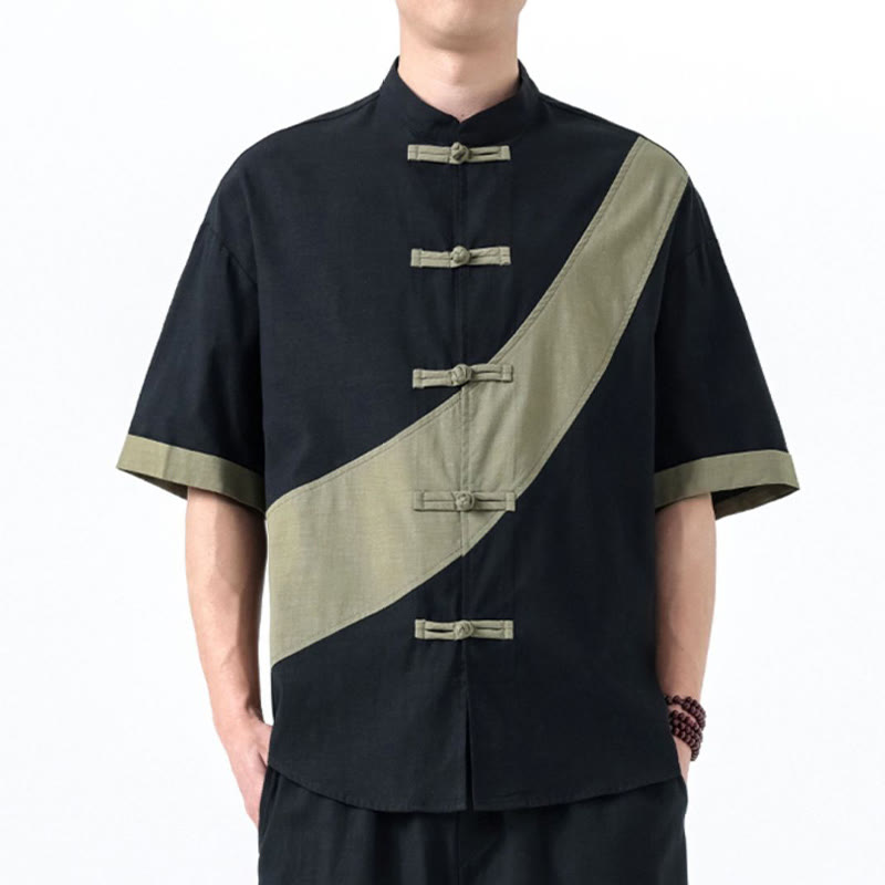Chemise homme en coton et lin à manches mi-longues et motif grenouille chinoise contrasté avec Buddha Stones