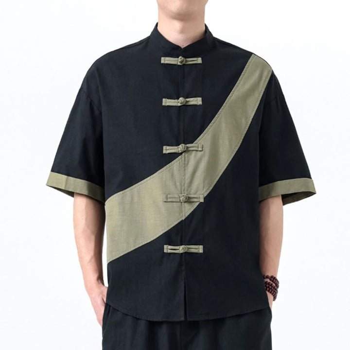 Chemise homme en coton et lin à manches mi-longues et motif grenouille chinoise contrasté avec Buddha Stones