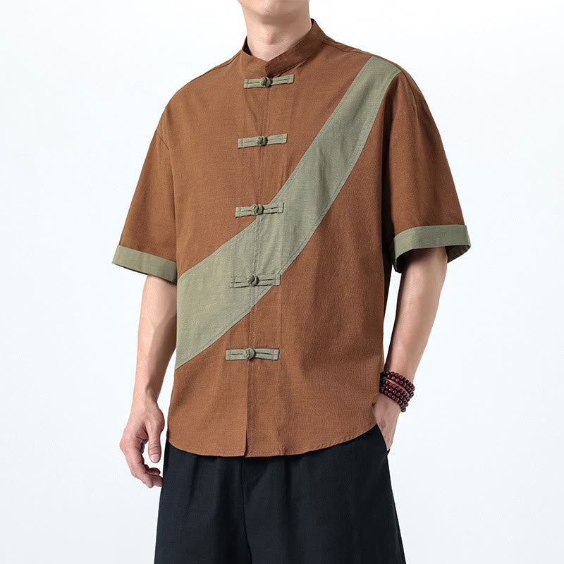 Chemise homme en coton et lin à manches mi-longues et motif grenouille chinoise contrasté avec Buddha Stones