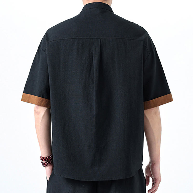 Chemise homme en coton et lin à manches mi-longues et motif grenouille chinoise contrasté avec Buddha Stones