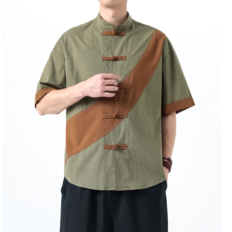 Chemise homme en coton et lin à manches mi-longues et motif grenouille chinoise contrasté avec Buddha Stones