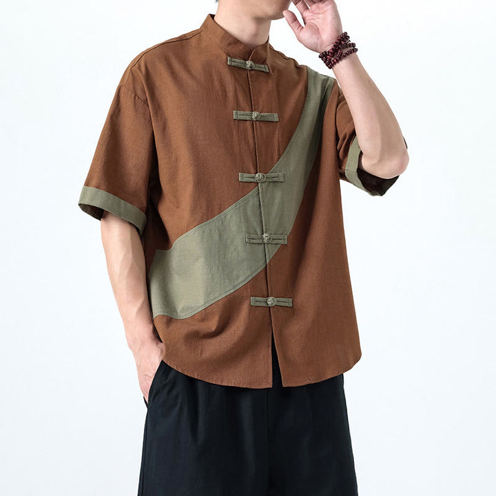 Chemise homme en coton et lin à manches mi-longues et motif grenouille chinoise contrasté avec Buddha Stones