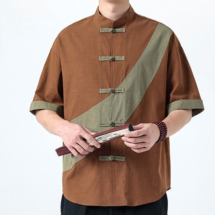 Chemise homme en coton et lin à manches mi-longues et motif grenouille chinoise contrasté avec Buddha Stones