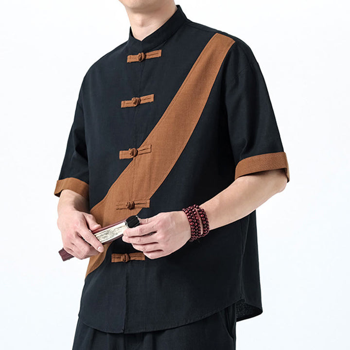 Chemise homme en coton et lin à manches mi-longues et motif grenouille chinoise contrasté avec Buddha Stones