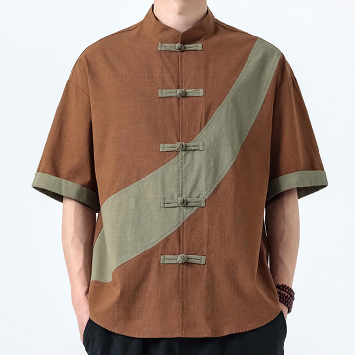 Chemise homme en coton et lin à manches mi-longues et motif grenouille chinoise contrasté avec Buddha Stones