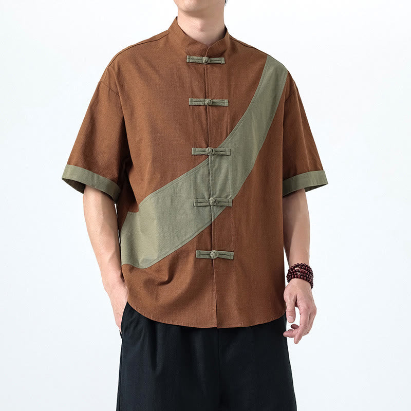 Chemise homme en coton et lin à manches mi-longues et motif grenouille chinoise contrasté avec Buddha Stones