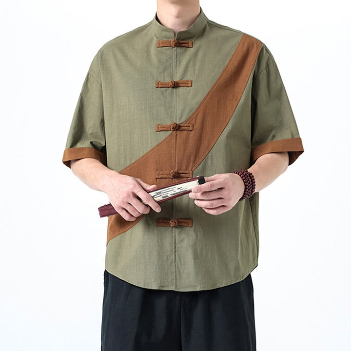 Chemise homme en coton et lin à manches mi-longues et motif grenouille chinoise contrasté avec Buddha Stones