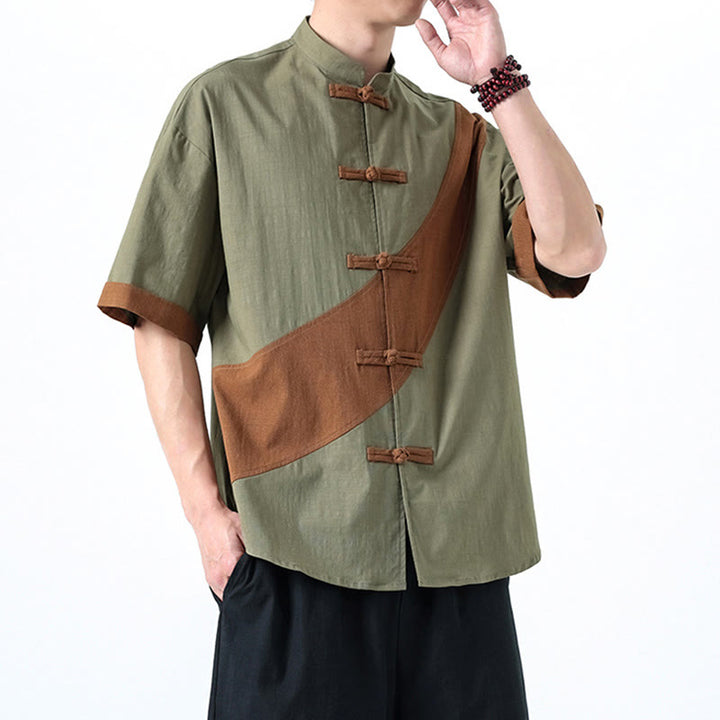 Chemise homme en coton et lin à manches mi-longues et motif grenouille chinoise contrasté avec Buddha Stones