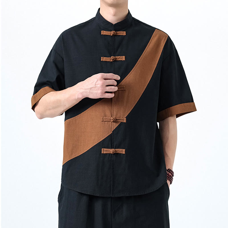 Chemise homme en coton et lin à manches mi-longues et motif grenouille chinoise contrasté avec Buddha Stones