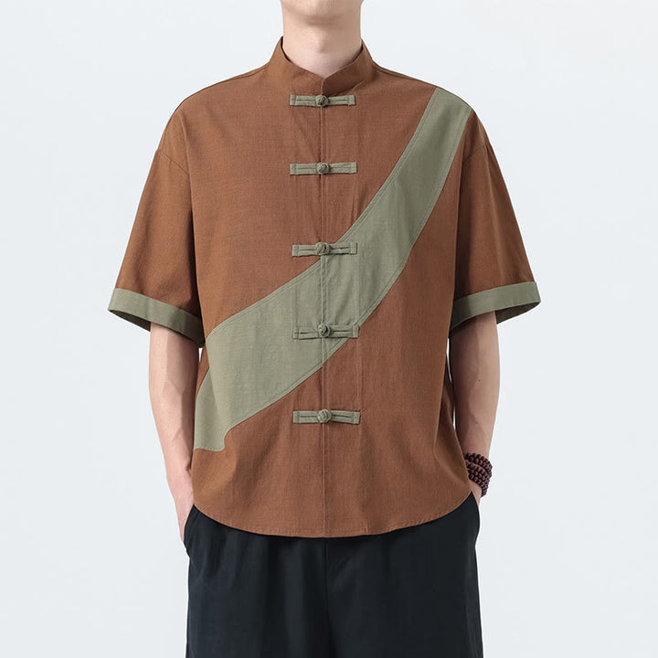 Chemise homme en coton et lin à manches mi-longues et motif grenouille chinoise contrasté avec Buddha Stones