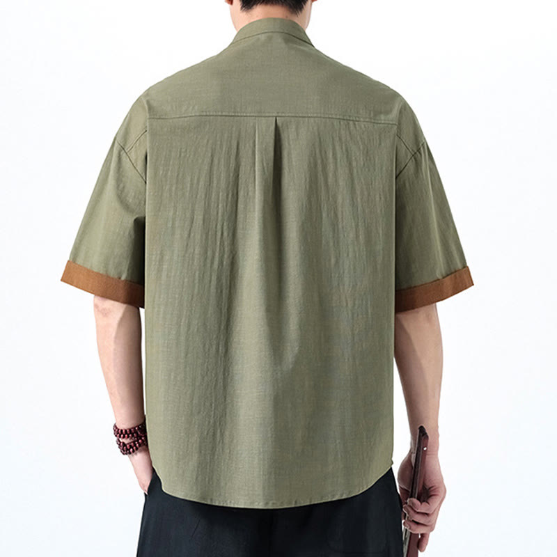Chemise homme en coton et lin à manches mi-longues et motif grenouille chinoise contrasté avec Buddha Stones
