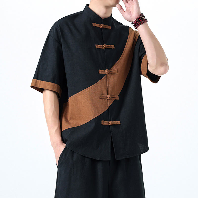 Chemise homme en coton et lin à manches mi-longues et motif grenouille chinoise contrasté avec Buddha Stones