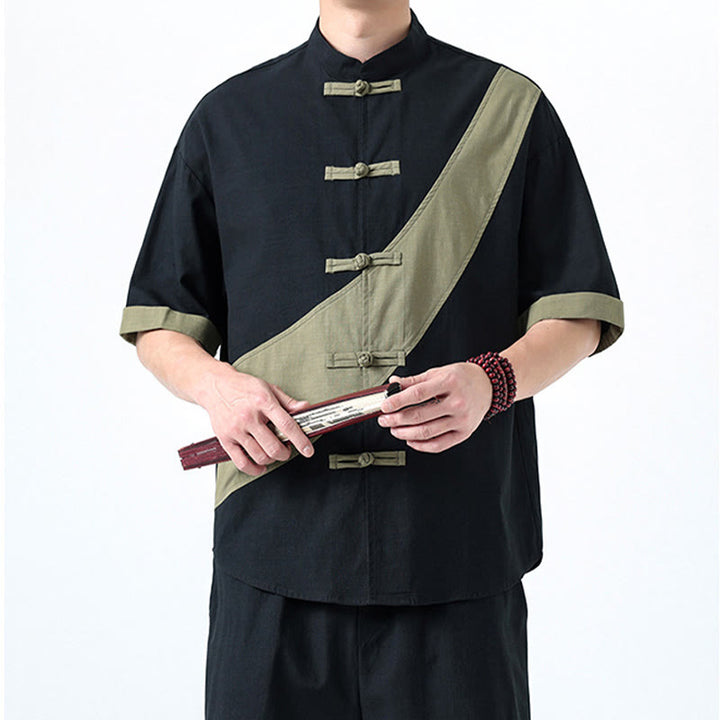 Chemise homme en coton et lin à manches mi-longues et motif grenouille chinoise contrasté avec Buddha Stones