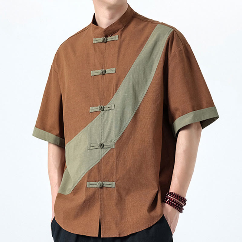 Chemise homme en coton et lin à manches mi-longues et motif grenouille chinoise contrasté avec Buddha Stones