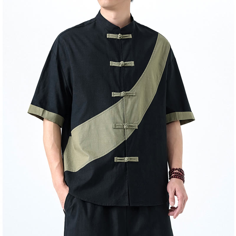 Chemise homme en coton et lin à manches mi-longues et motif grenouille chinoise contrasté avec Buddha Stones