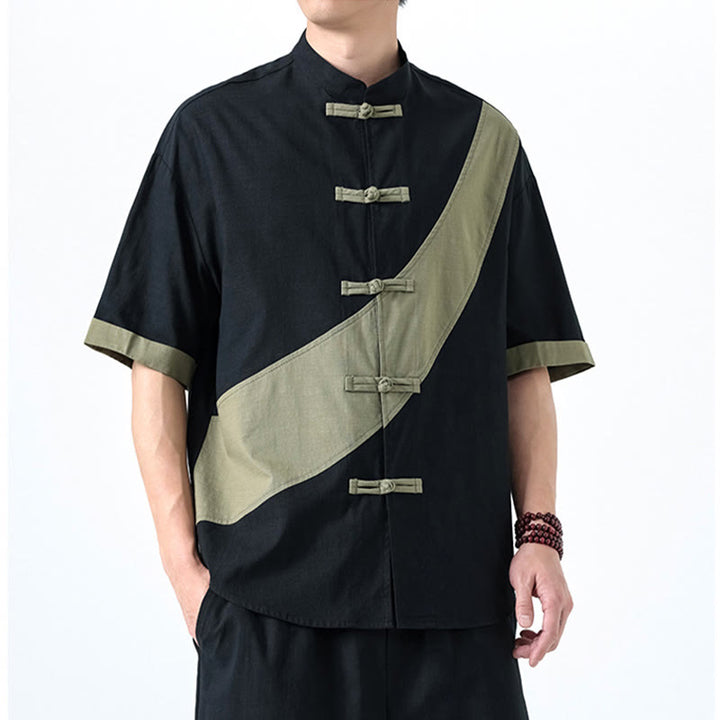 Chemise homme en coton et lin à manches mi-longues et motif grenouille chinoise contrasté avec Buddha Stones