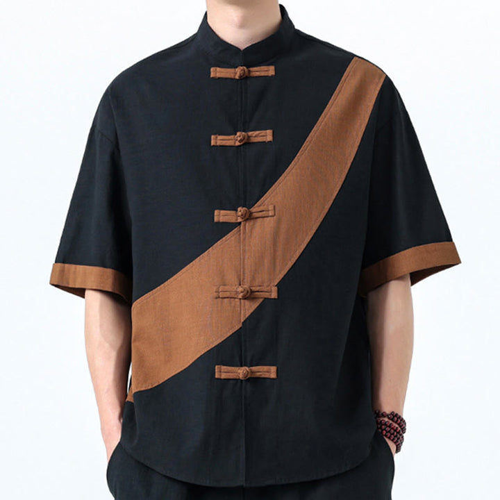 Chemise homme en coton et lin à manches mi-longues et motif grenouille chinoise contrasté avec Buddha Stones