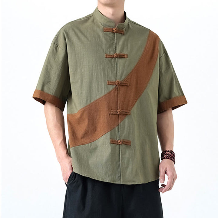 Chemise homme en coton et lin à manches mi-longues et motif grenouille chinoise contrasté avec Buddha Stones