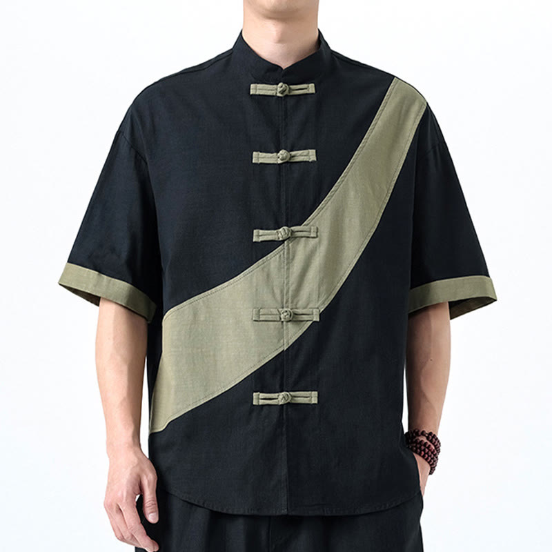 Chemise homme en coton et lin à manches mi-longues et motif grenouille chinoise contrasté avec Buddha Stones - Noir avec vert foncé - US/UK/AU46，EU56 (5XL) - image 0