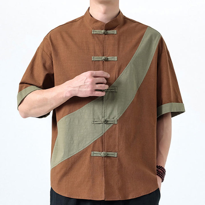 Chemise homme en coton et lin à manches mi-longues et motif grenouille chinoise contrasté avec Buddha Stones