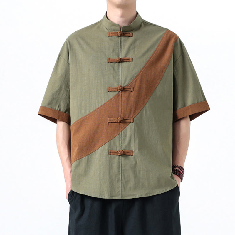 Chemise homme en coton et lin à manches mi-longues et motif grenouille chinoise contrasté avec Buddha Stones