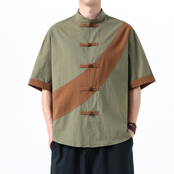Chemise homme en coton et lin à manches mi-longues et motif grenouille chinoise contrasté avec Buddha Stones
