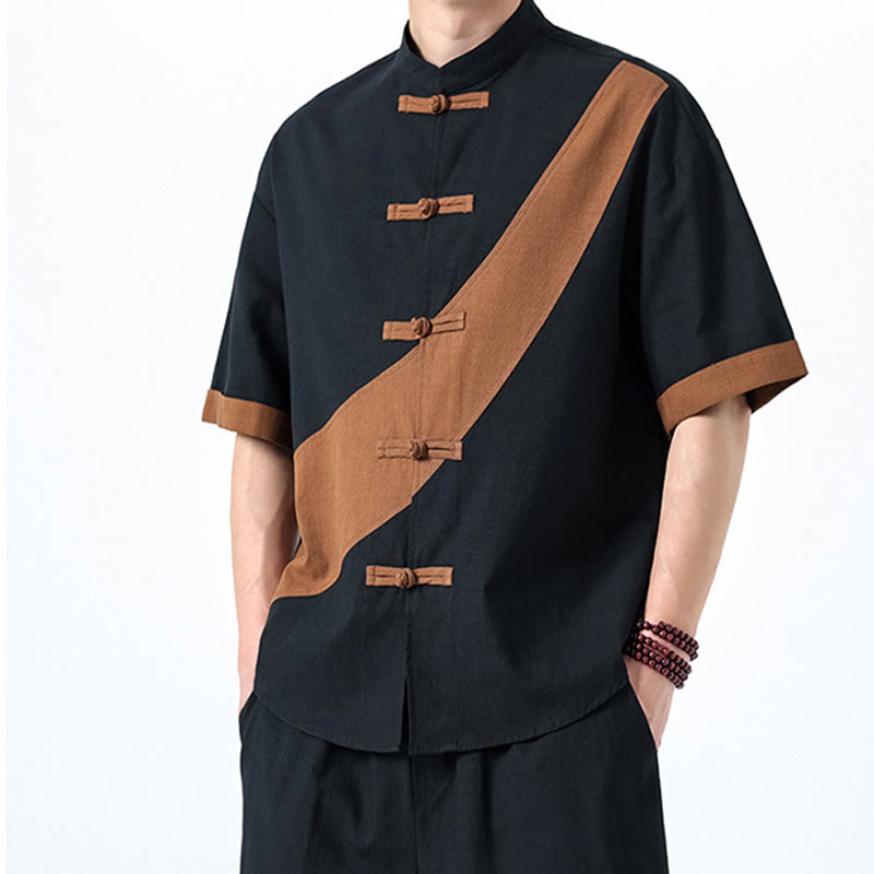 Chemise homme en coton et lin à manches mi-longues et motif grenouille chinoise contrasté avec Buddha Stones
