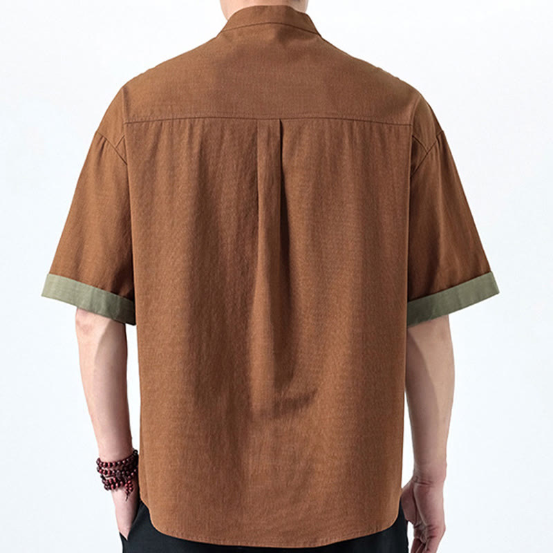 Chemise homme en coton et lin à manches mi-longues et motif grenouille chinoise contrasté avec Buddha Stones