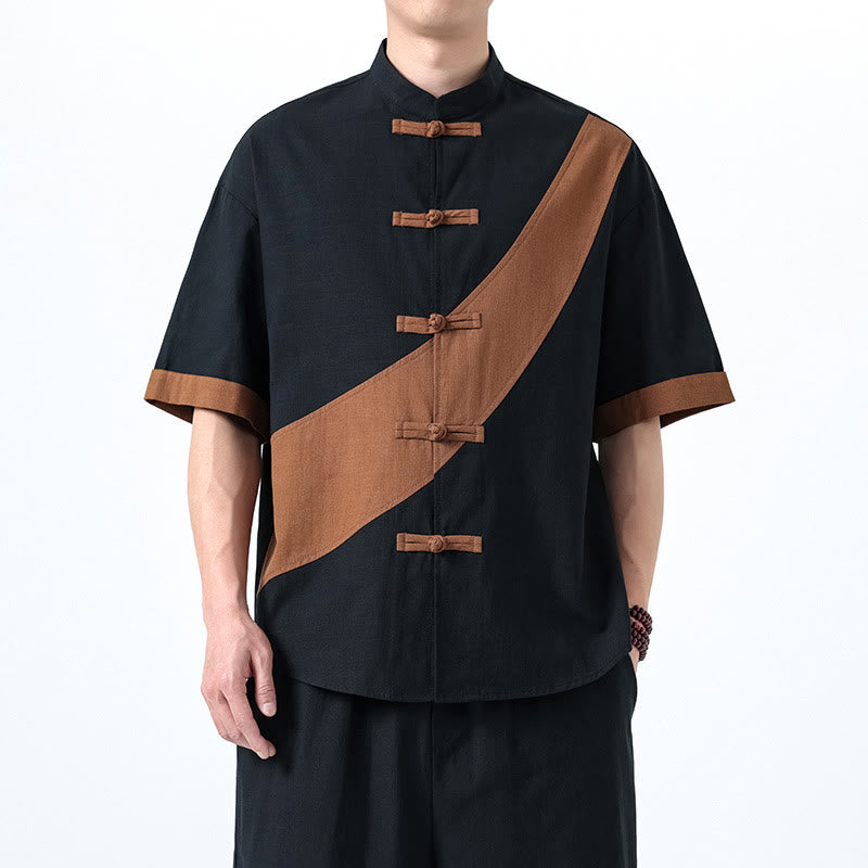 Chemise homme en coton et lin à manches mi-longues et motif grenouille chinoise contrasté avec Buddha Stones