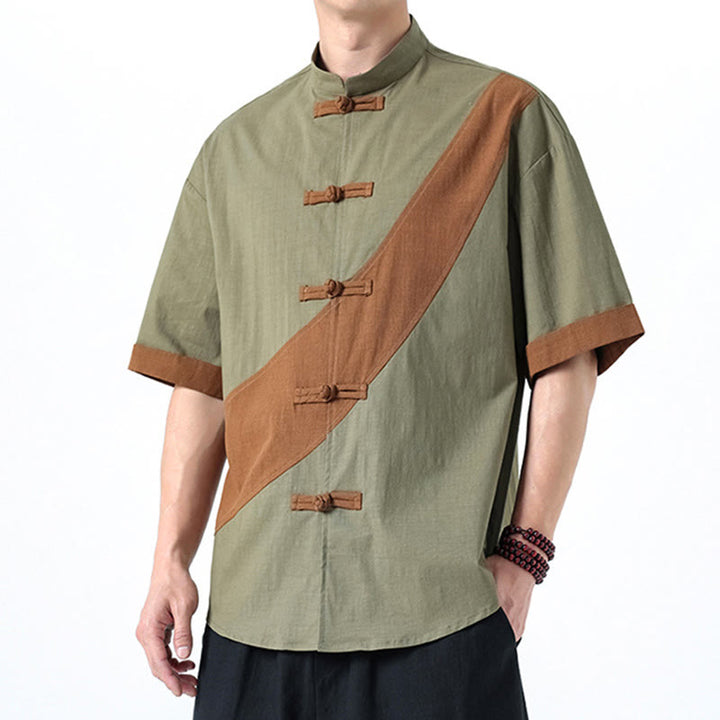 Chemise homme en coton et lin à manches mi-longues et motif grenouille chinoise contrasté avec Buddha Stones