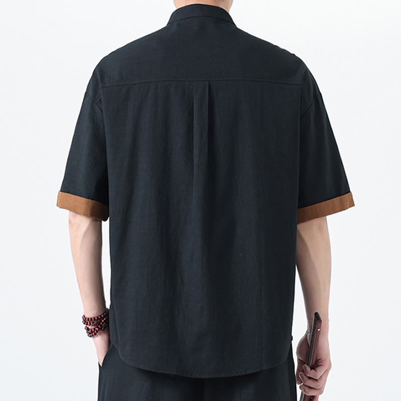 Chemise à manches mi-longues en coton et lin pour homme, style chinois, décontracté, assorti, motif grenouille et Buddha Stones