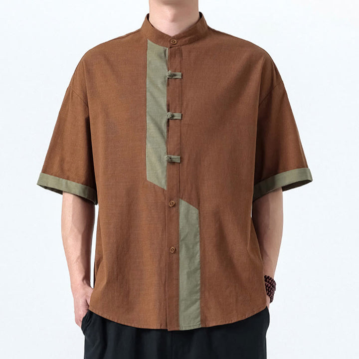 Chemise à manches mi-longues en coton et lin pour homme, style chinois, décontracté, assorti, motif grenouille et Buddha Stones