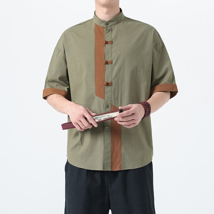 Chemise à manches mi-longues en coton et lin pour homme, style chinois, décontracté, assorti, motif grenouille et Buddha Stones - Vert foncé - US/UK/AU46，EU56 (5XL) - image 7