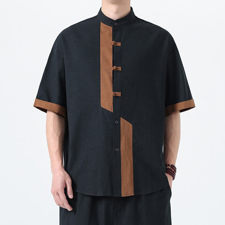 Chemise à manches mi-longues en coton et lin pour homme, style chinois, décontracté, assorti, motif grenouille et Buddha Stones - image 1
