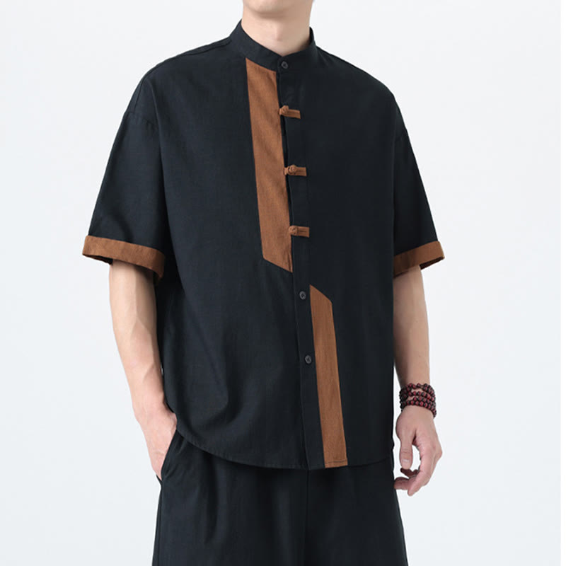 Chemise à manches mi-longues en coton et lin pour homme, style chinois, décontracté, assorti, motif grenouille et Buddha Stones