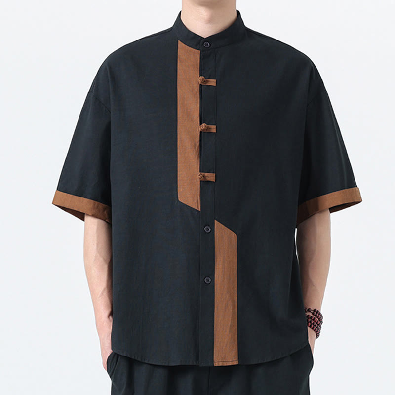 Chemise à manches mi-longues en coton et lin pour homme, style chinois, décontracté, assorti, motif grenouille et Buddha Stones - Noir avec le Pérou - US/UK/AU46，EU56 (5XL) - image 0