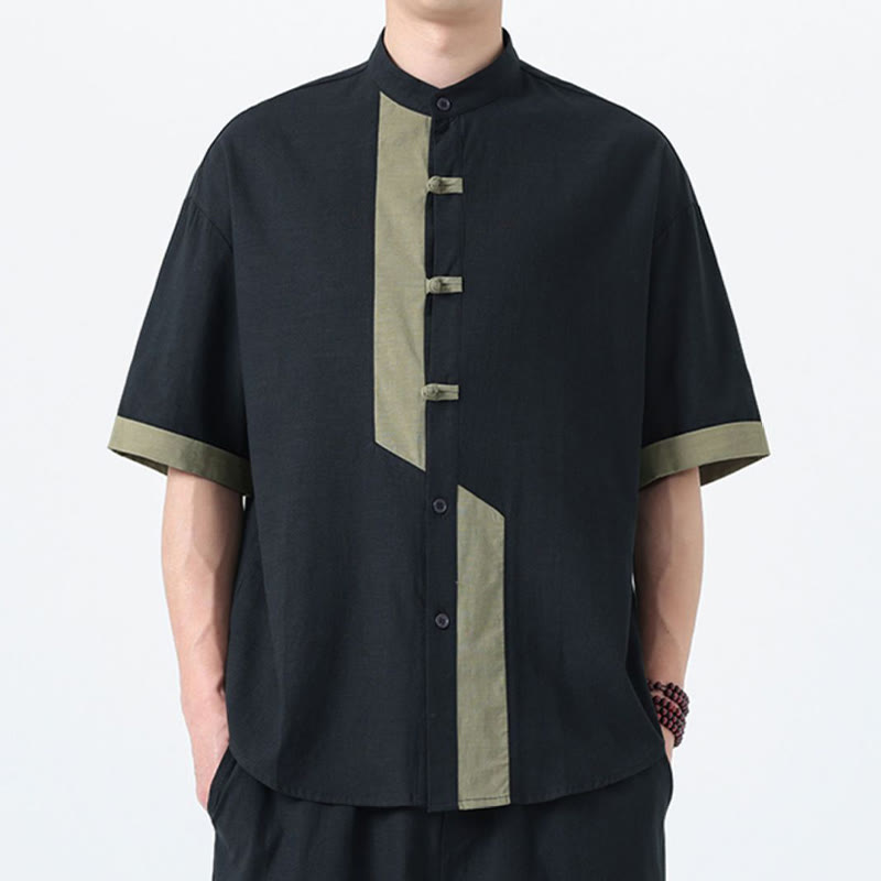 Chemise à manches mi-longues en coton et lin pour homme, style chinois, décontracté, assorti, motif grenouille et Buddha Stones