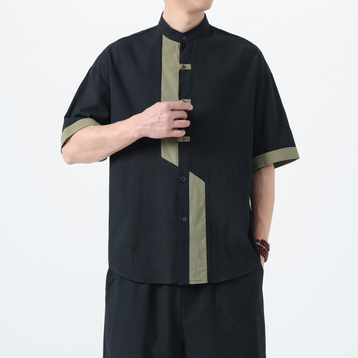 Chemise à manches mi-longues en coton et lin pour homme, style chinois, décontracté, assorti, motif grenouille et Buddha Stones - Noir avec vert foncé - US/UK/AU46，EU56 (5XL) - image 19