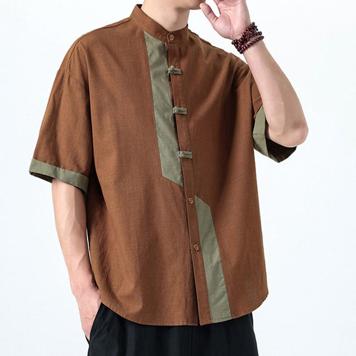 Chemise à manches mi-longues en coton et lin pour homme, style chinois, décontracté, assorti, motif grenouille et Buddha Stones