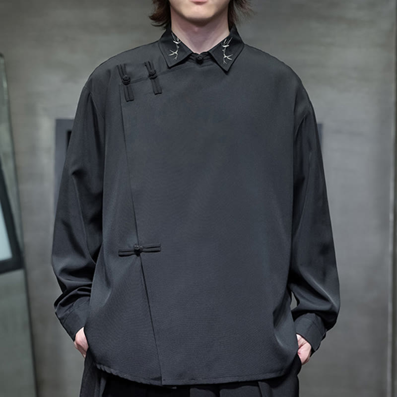 Chemise à manches longues pour homme, motif vintage de Buddha Stones , couleur pure, motif grenouille chinoise, broderie, revers - Noir - US/UK/AU46，EU56 (5XL) - image 0