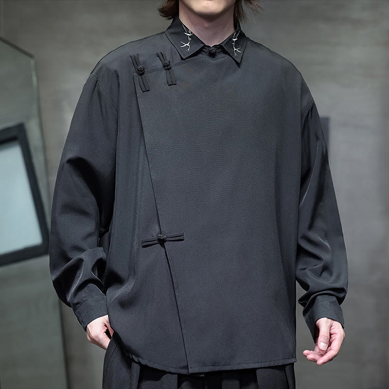 Chemise à manches longues pour homme, motif vintage de Buddha Stones , couleur pure, motif grenouille chinoise, broderie, revers - image 1